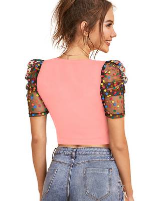  peach dot printed puff sleeve crop top for women     aesthetic v-neck designer top 4
