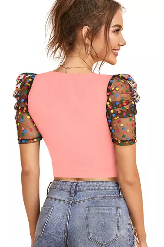  peach dot printed puff sleeve crop top for women     aesthetic v-neck designer top