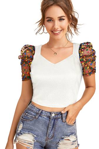  white dot printed puff sleeve crop top for women     aesthetic v-neck designer top