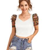  white dot printed puff sleeve crop top for women     aesthetic v-neck designer top