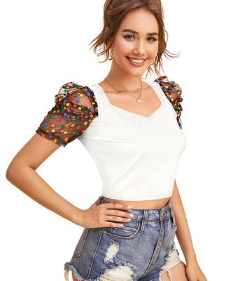  white dot printed puff sleeve crop top for women     aesthetic v-neck designer top 2
