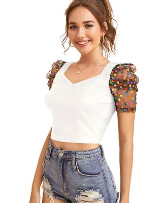  white dot printed puff sleeve crop top for women     aesthetic v-neck designer top 3