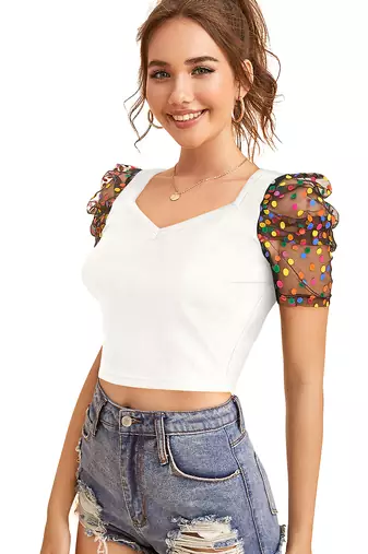  white dot printed puff sleeve crop top for women     aesthetic v-neck designer top