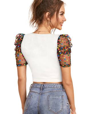  white dot printed puff sleeve crop top for women     aesthetic v-neck designer top 4
