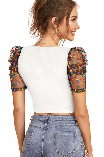  white dot printed puff sleeve crop top for women     aesthetic v-neck designer top