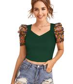  green dot printed puff sleeve crop top for women     aesthetic v-neck designer top