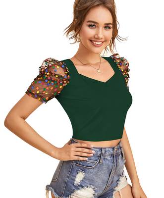  green dot printed puff sleeve crop top for women     aesthetic v-neck designer top 2