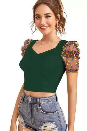  green dot printed puff sleeve crop top for women     aesthetic v-neck designer top