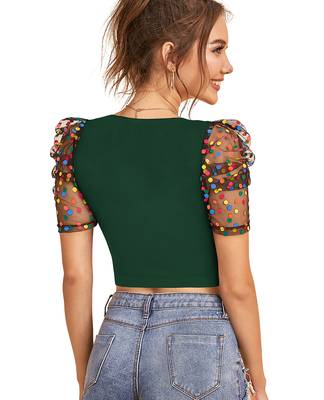  green dot printed puff sleeve crop top for women     aesthetic v-neck designer top 4