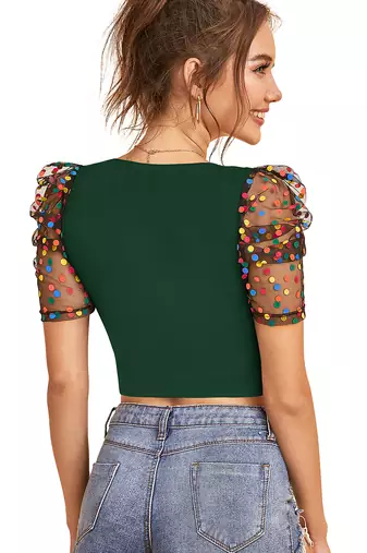  green dot printed puff sleeve crop top for women     aesthetic v-neck designer top
