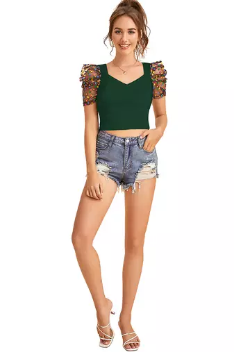  green dot printed puff sleeve crop top for women     aesthetic v-neck designer top
