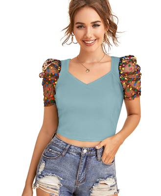  sea green dot printed puff sleeve crop top for women     aesthetic v-neck designer top 1
