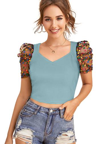  sea green dot printed puff sleeve crop top for women     aesthetic v-neck designer top