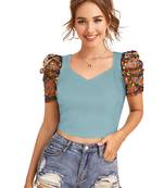 sea green dot printed puff sleeve crop top for women     aesthetic v-neck designer top