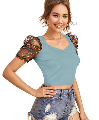  sea green dot printed puff sleeve crop top for women     aesthetic v-neck designer top 2