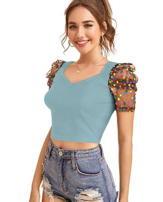  sea green dot printed puff sleeve crop top for women     aesthetic v-neck designer top 3