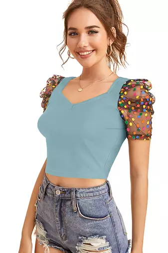  sea green dot printed puff sleeve crop top for women     aesthetic v-neck designer top
