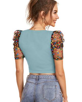  sea green dot printed puff sleeve crop top for women     aesthetic v-neck designer top 4