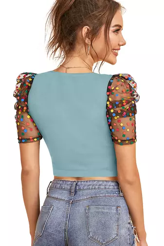  sea green dot printed puff sleeve crop top for women     aesthetic v-neck designer top