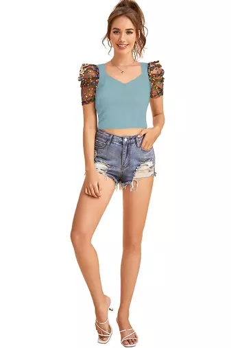  sea green dot printed puff sleeve crop top for women     aesthetic v-neck designer top