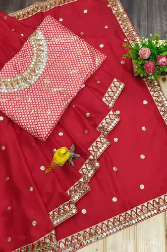 Women red embroidered rangoli silk saree