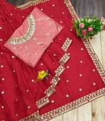 Women red embroidered rangoli silk saree