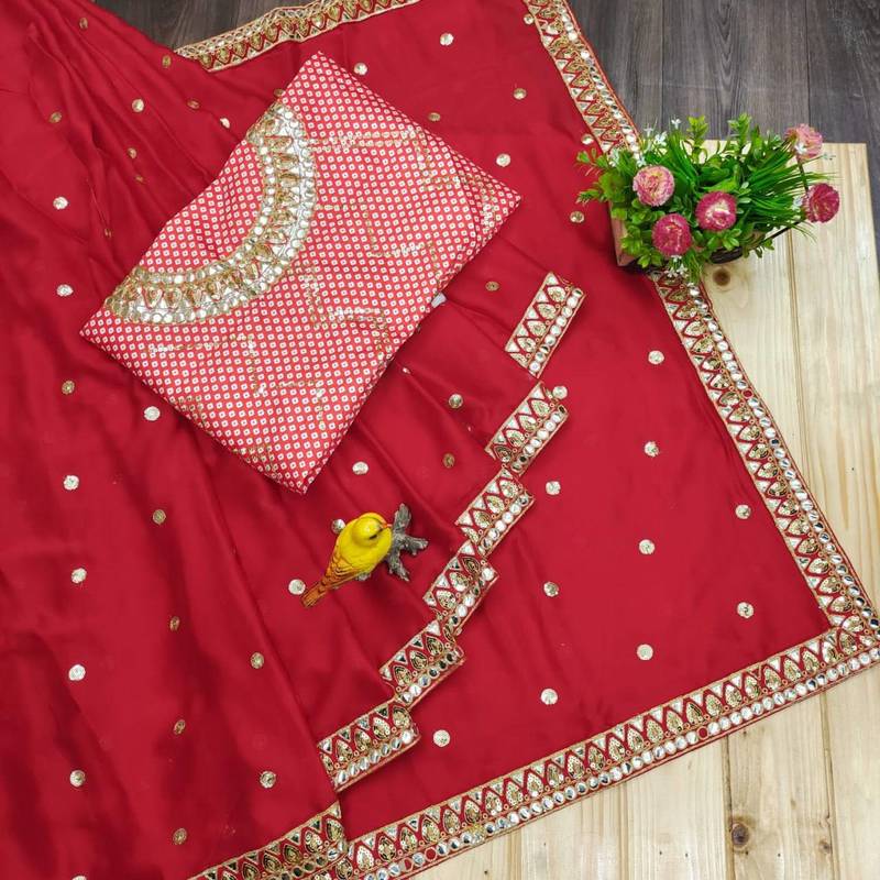 Women red embroidered rangoli silk saree