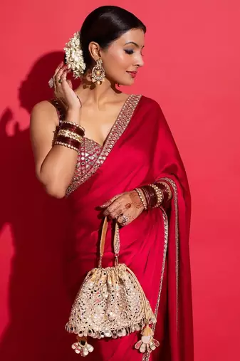 Women red embroidered rangoli silk saree