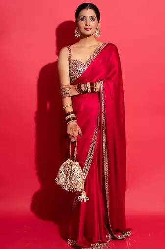 Women red embroidered rangoli silk saree