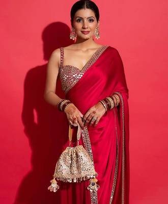 Women red embroidered rangoli silk blend saree 5