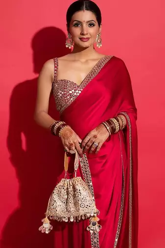 Women red embroidered rangoli silk saree