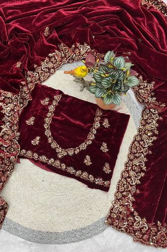 Women maroon embroidered 9000 velvet saree