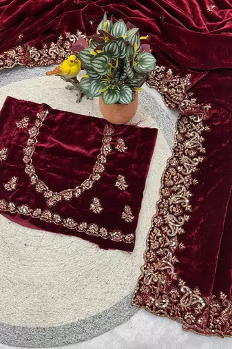 Women maroon embroidered 9000 velvet saree