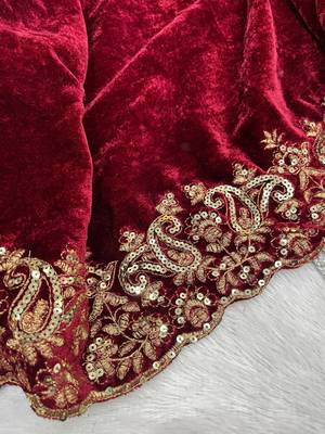 Women maroon embroidered 9000 velvet saree 3