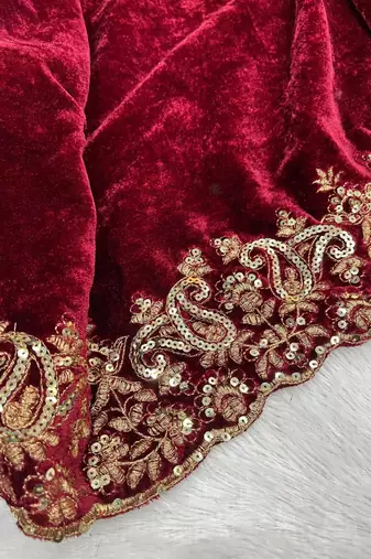 Women maroon embroidered 9000 velvet saree
