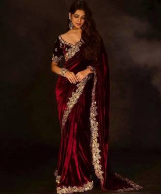 Women maroon embroidered 9000 velvet saree 4