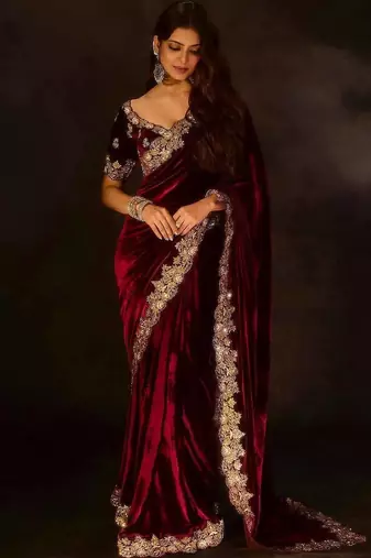 Women maroon embroidered 9000 velvet saree