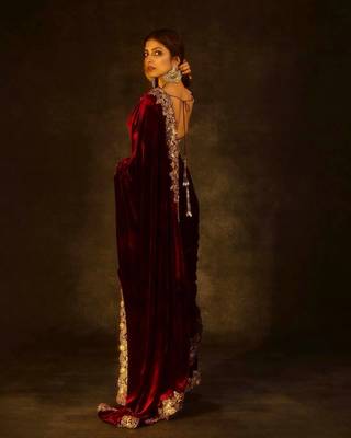 Women maroon embroidered 9000 velvet saree 5