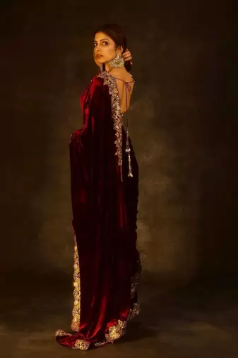 Women maroon embroidered 9000 velvet saree