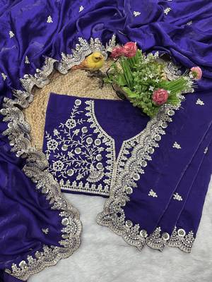 Women blue embroidered frendy satin silk blend saree 1