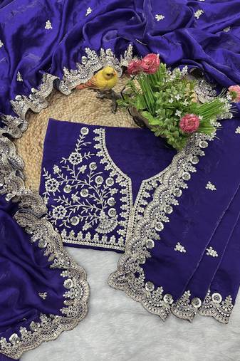 Women blue embroidered frendy satin silk saree