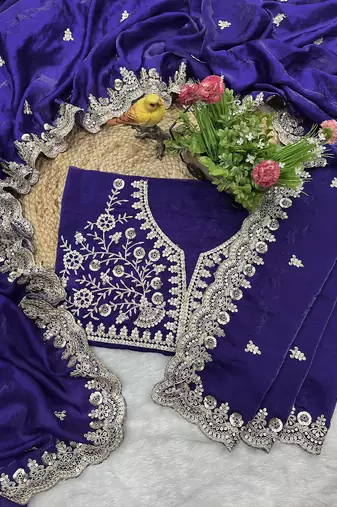 Women blue embroidered frendy satin silk saree