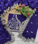 Women blue embroidered frendy satin silk blend saree