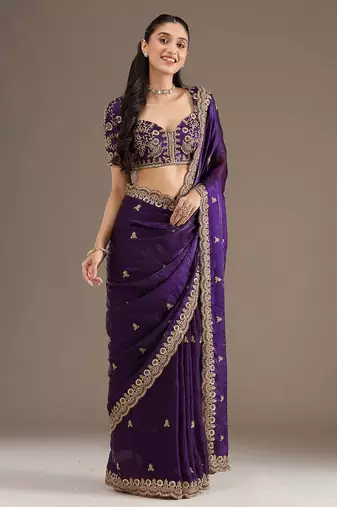 Women blue embroidered frendy satin silk saree