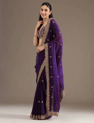 Women blue embroidered frendy satin silk blend saree 4