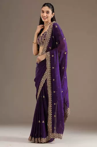 Women blue embroidered frendy satin silk saree