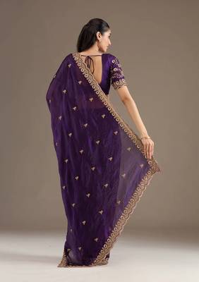 Women blue embroidered frendy satin silk blend saree 5