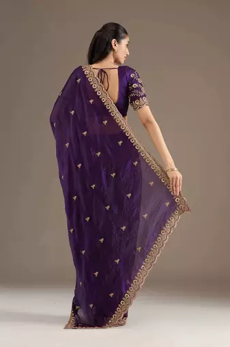 Women blue embroidered frendy satin silk saree
