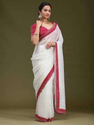 Women white embroidered tissue gold crush saree 4