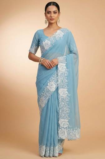 Women sky blue embroidered candy crush saree